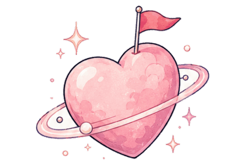 Pink heart planet with orbit ring and tiny flag