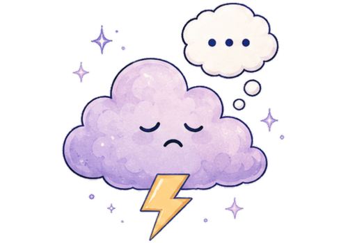 Lavender cloud with lightning bolt and thought bubble