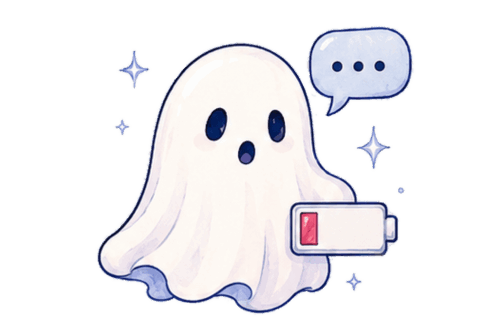 Cute white ghost with chat bubble and low battery icon