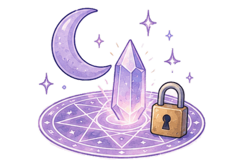 Magic circle with moon crystal and lock