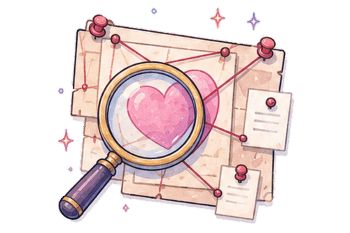 Magnifying glass over heart evidence board