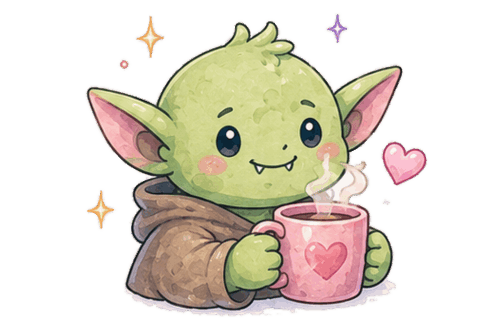 Green goblin holding a warm mug