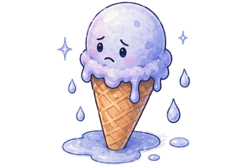 Melting ice cream cone with blue droplets