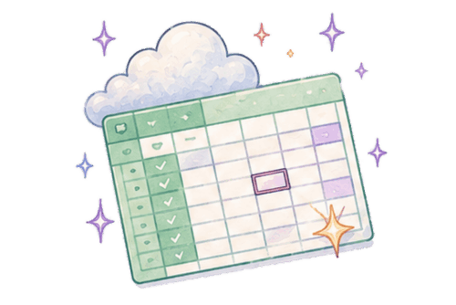 Green spreadsheet with cloud and sparkles