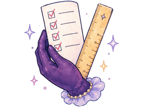 Purple gloved hand holding checklist and ruler