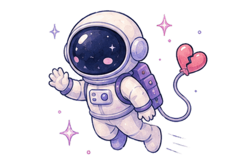 Astronaut floating with broken heart balloon
