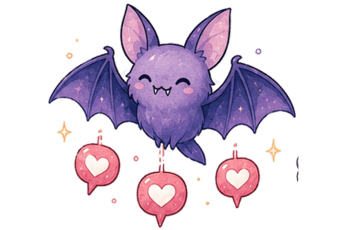 Cute purple bat with heart message bubbles