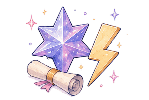 Crystal star with lightning bolt and scroll