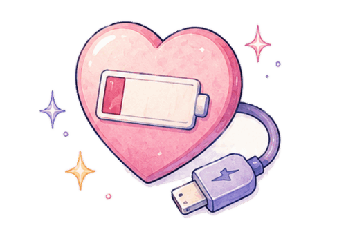 Pink heart with low battery and charging cable